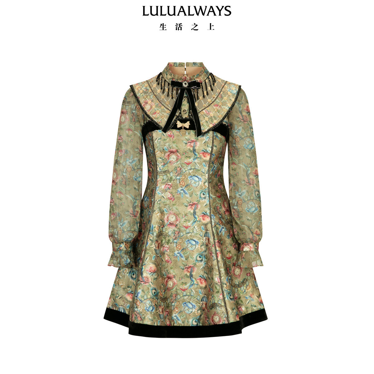 LULUALWAYS【商场同款】26春季新款复古优雅蝴蝶结收腰长袖连衣裙