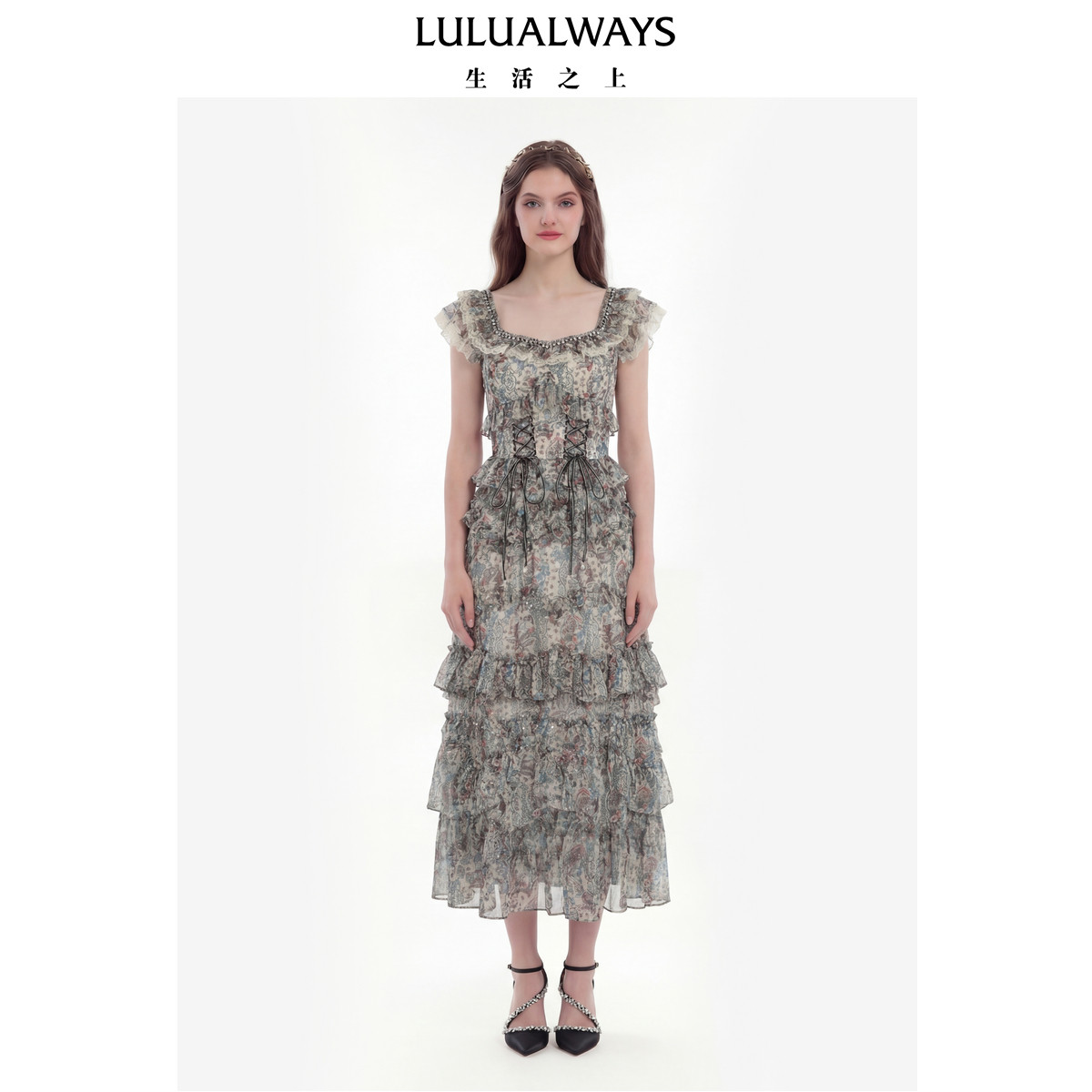LULUALWAYS【商场同款】26夏新【青花瓷之梦】法式显瘦长款连衣裙图片