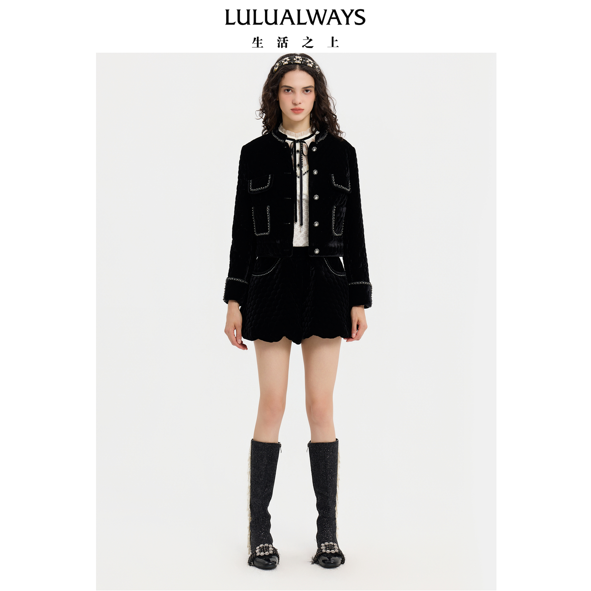 LULUALWAYS【商场同款】25冬季新款优雅黑色丝绒棉外套轻薄短棉服