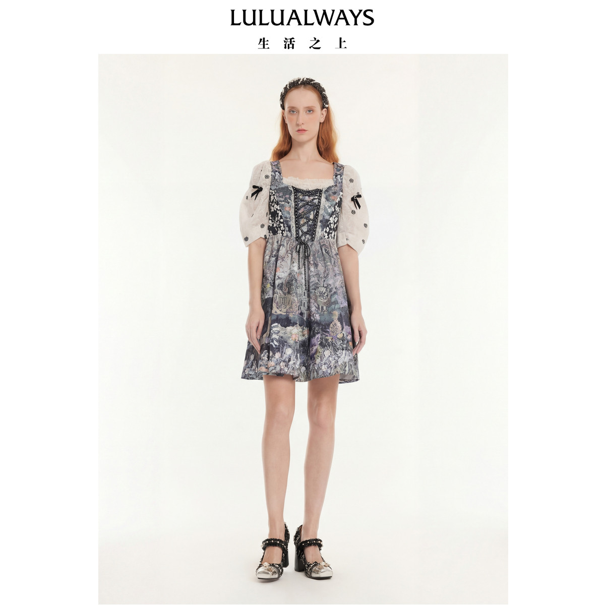 LULUALWAYS我爱露露24秋季新款复古优雅绑带公主风短款印花连衣裙