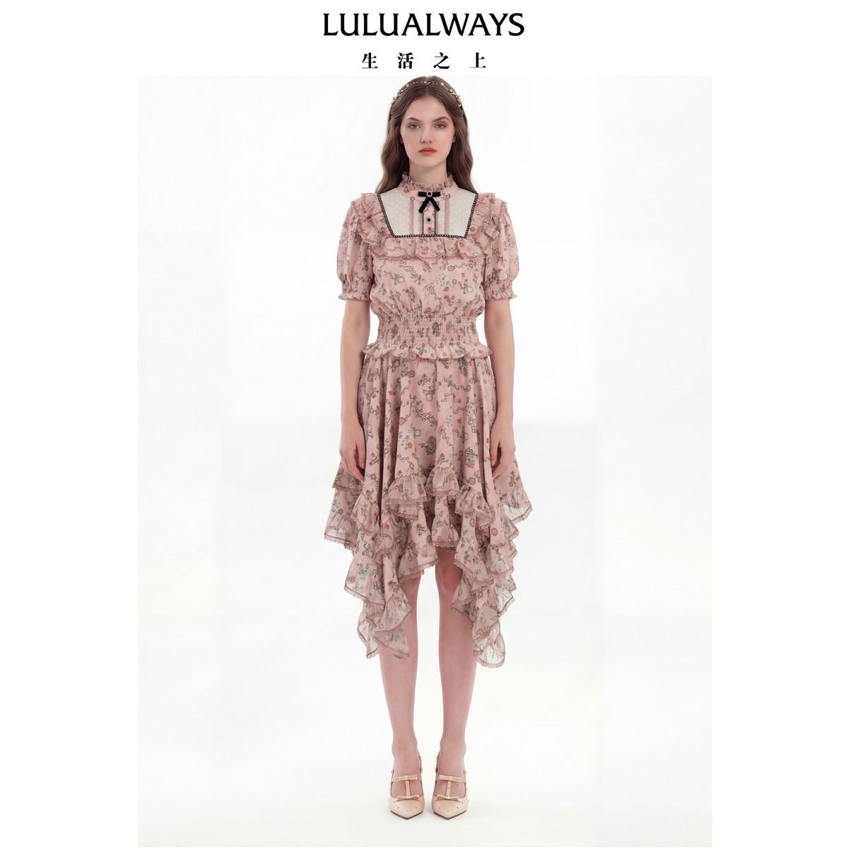 LULUALWAYS我爱露露26春季新款甜美浪漫风粉色碎花荷叶边短袖上衣,女装/女士精品,衬衫,淘宝优惠券,粉丝福利购,淘宝优惠卷