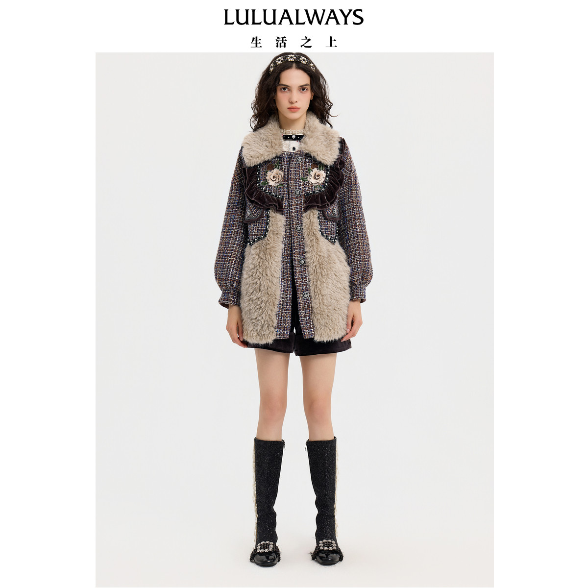 LULUALWAYS【商场同款】25冬季华丽复古风拼接荷叶边大衣外套