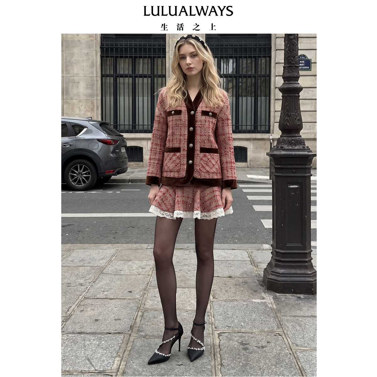 LULUALWAYS我爱露露26冬季新款复古红粉杂色粗花呢小香风短外套