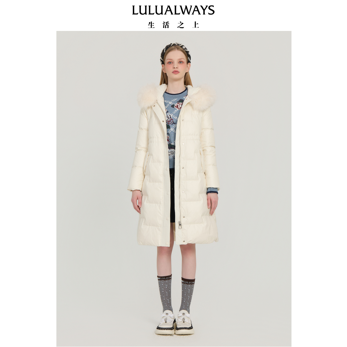 LULUALWAYS我爱露露25秋季新款时尚修身保暖腰带毛领长款女羽绒服
