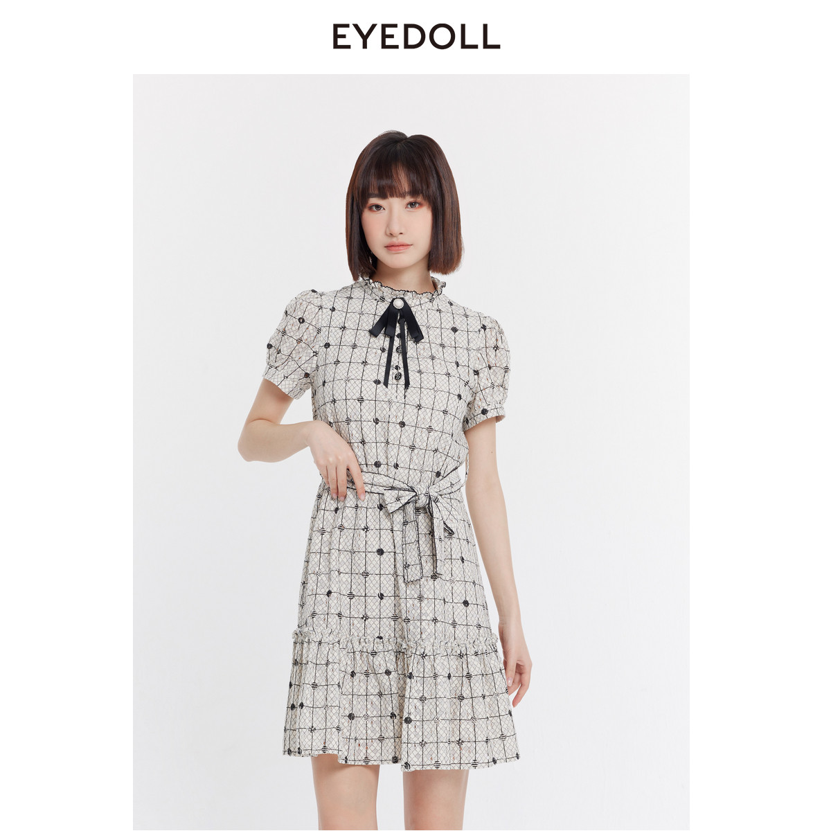EYEDOLL夏季新款甜美气质名媛腰带短款蕾丝连衣裙