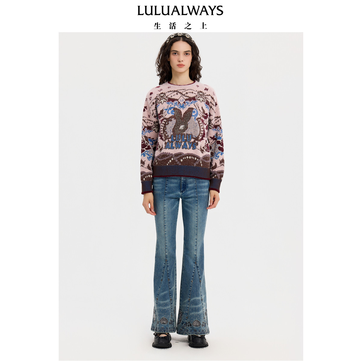 LULUALWAYS【商场同款】冬季新款复古时尚粉色针织套头衫女毛衣