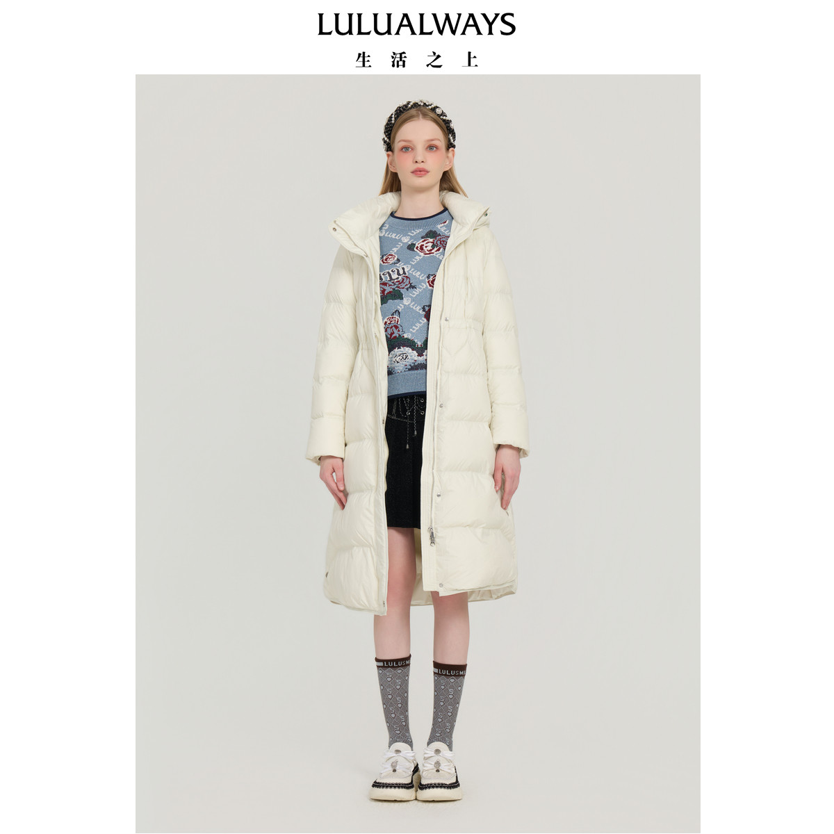 LULUALWAYS我爱露露25冬季新款时尚简约宽松连帽纯色长款羽绒服女
