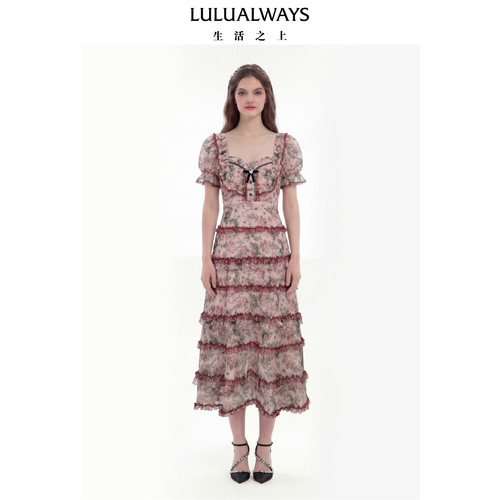 LULUALWAYS我爱露露26夏季新款甜美千金风粉色蛋糕裙雪纺长连衣裙