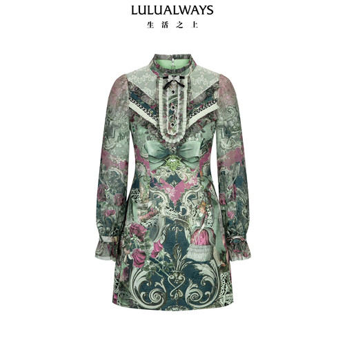 LULUALWAYS【商场同款】26春季新款复古优雅蝴蝶结装饰提花连衣裙