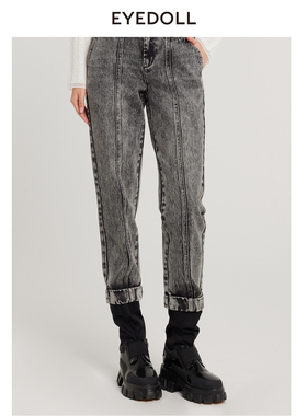 EYEDOLL新款百搭休闲通勤设计感翻边牛仔长裤