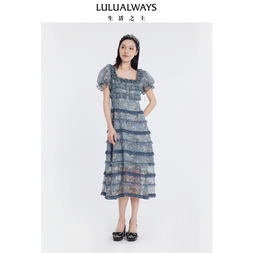 LULUALWAYS我爱露露夏季新款氛围感欧根纱印花蛋糕裙长款连衣裙