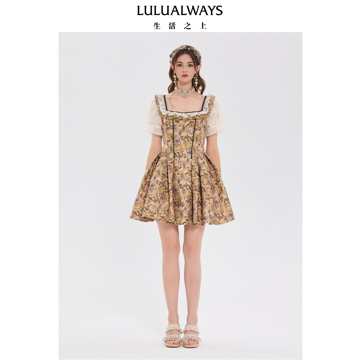 LULUALWAYS我爱露露复古宫廷摩登蕾丝泡泡袖公主连衣裙