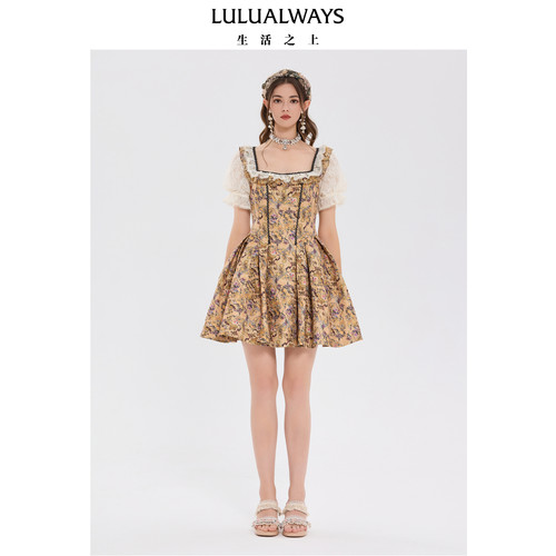 LULUALWAYS我爱露露复古宫廷摩登蕾丝泡泡袖公主连衣裙
