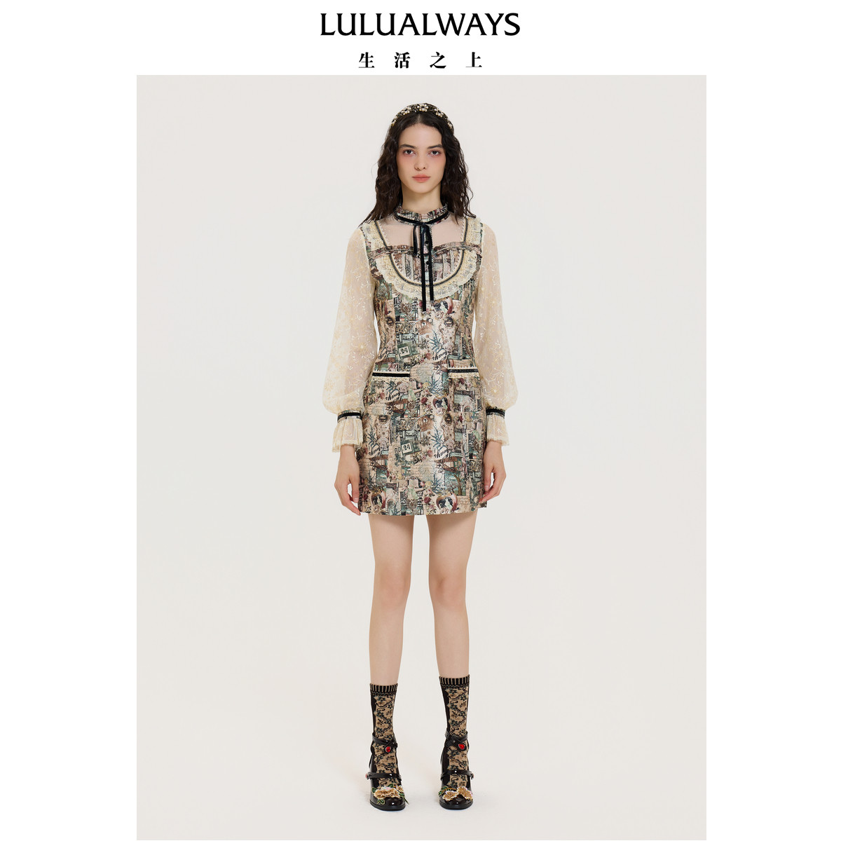 LULUALWAYS【商场同款】25秋季新款【复古拼图】蕾丝宫廷风连衣裙