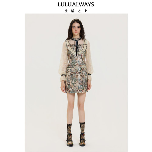 LULUALWAYS【商场同款】25秋季新款【复古拼图】蕾丝宫廷风连衣裙