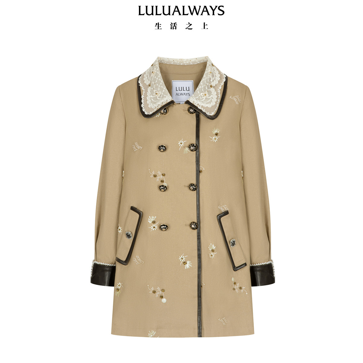 LULUALWAYS【商场同款】26秋季新款复古田园蕾丝娃娃领中长款风衣