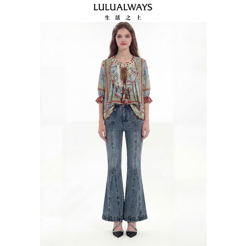 LULUALWAYS【商场同款】26夏季新款复古民族风荷叶边蓝色圆领上衣