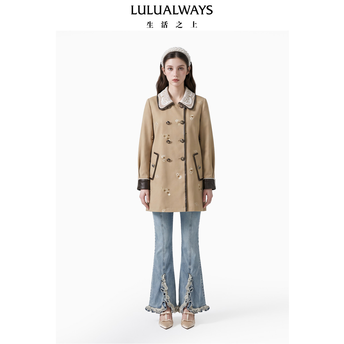 LULUALWAYS【商场同款】26秋季新款复古田园蕾丝娃娃领中长款风衣