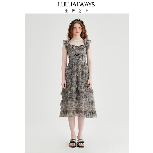 LULUALWAYS【商场同款】夏季新款法式气质网纱拼接蛋糕连衣裙女