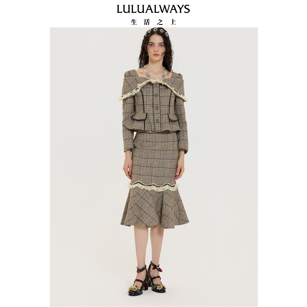 LULUALWAYS【商场同款】秋季复古优雅淑女小香风蕾丝短外套