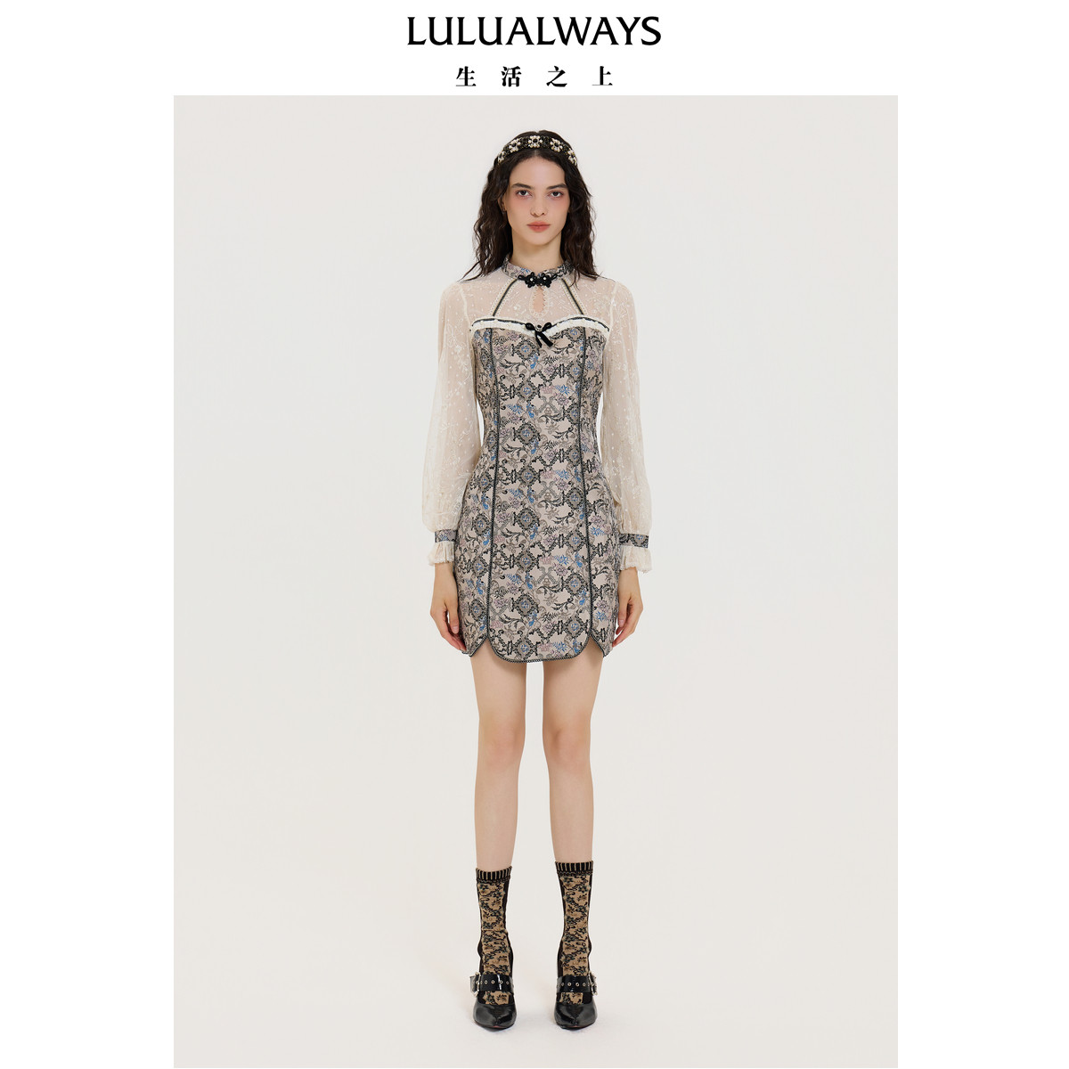 LULUALWAYS【商场同款】25秋季新中式典雅传统时尚蕾丝连衣裙