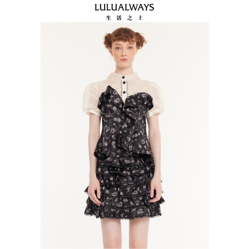 LULUALWAYS【商场同款】秋季新款甜美娃娃领印花拼接短款上衣女