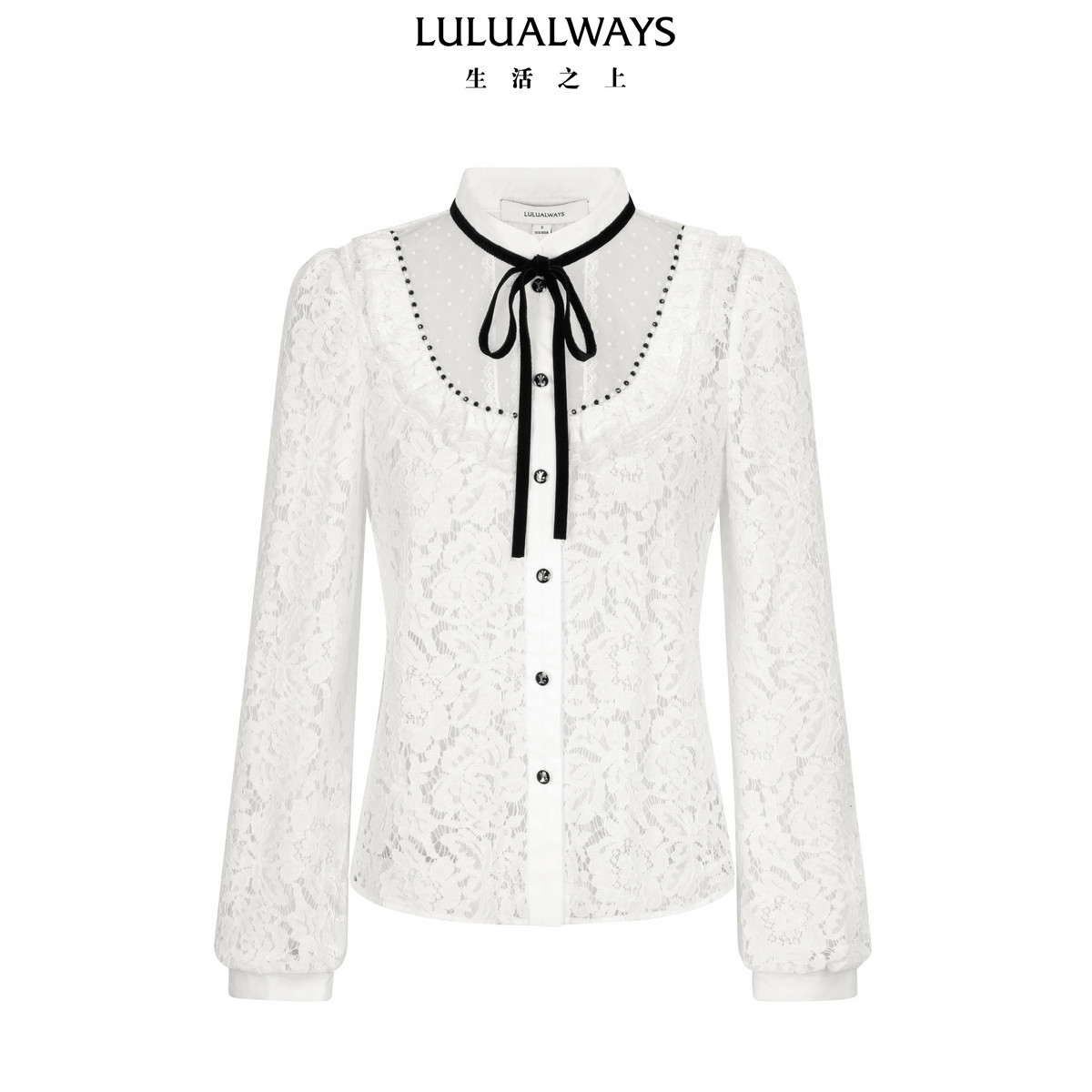LULUALWAYS【商场同款】冬季新款浪漫蝴蝶结立领白色蕾丝衬衫女