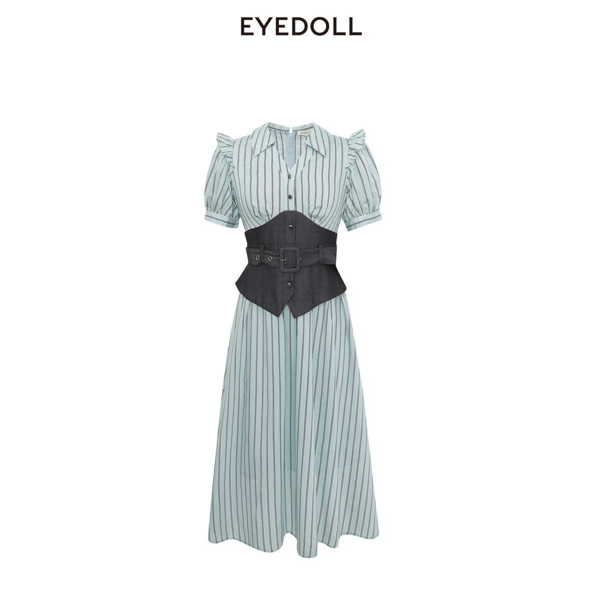 EYEDOLL夏季新款时尚淡人设计感条纹腰封长款连衣裙