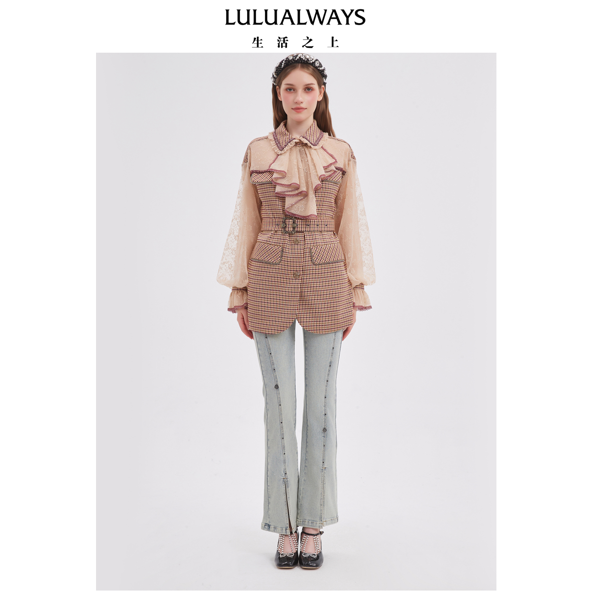 LULUALWAYS我爱露露25秋季新款法式浪漫宫廷腰带翻领蕾丝拼接外套