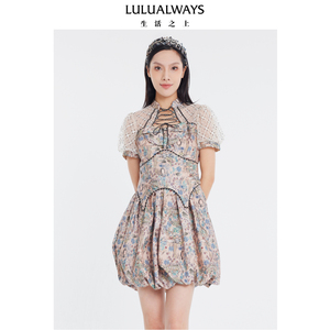 LULUALWAYS我爱露露夏季新款复古宫廷风摩登腰封短款提花连衣裙