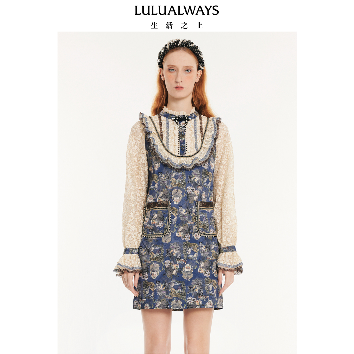 LULUALWAYS我爱露露秋季新款复古法式宽松直筒显瘦印花连衣裙女