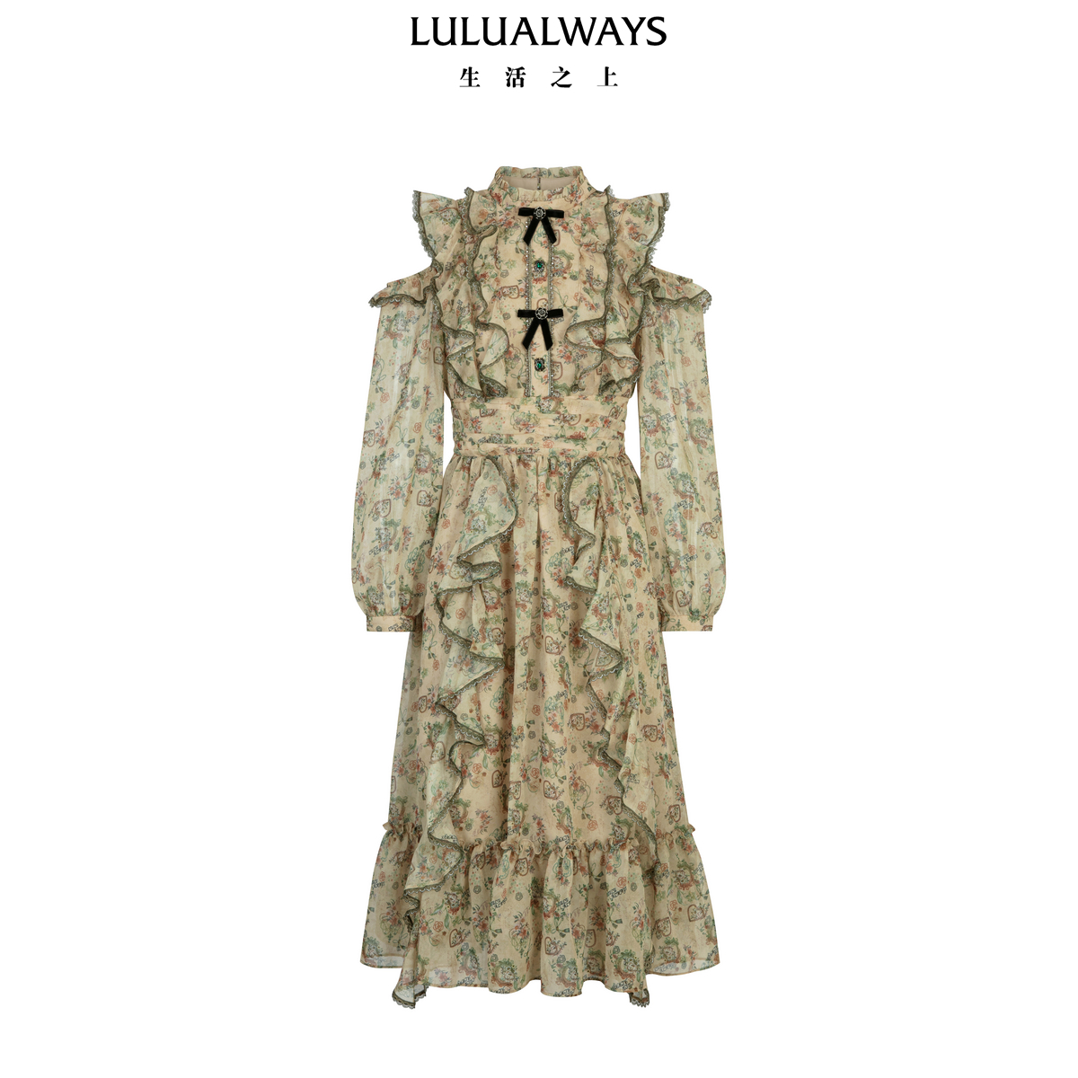 LULUALWAYS我爱露露26春季新款法式复古长袖收腰显瘦荷叶边连衣裙