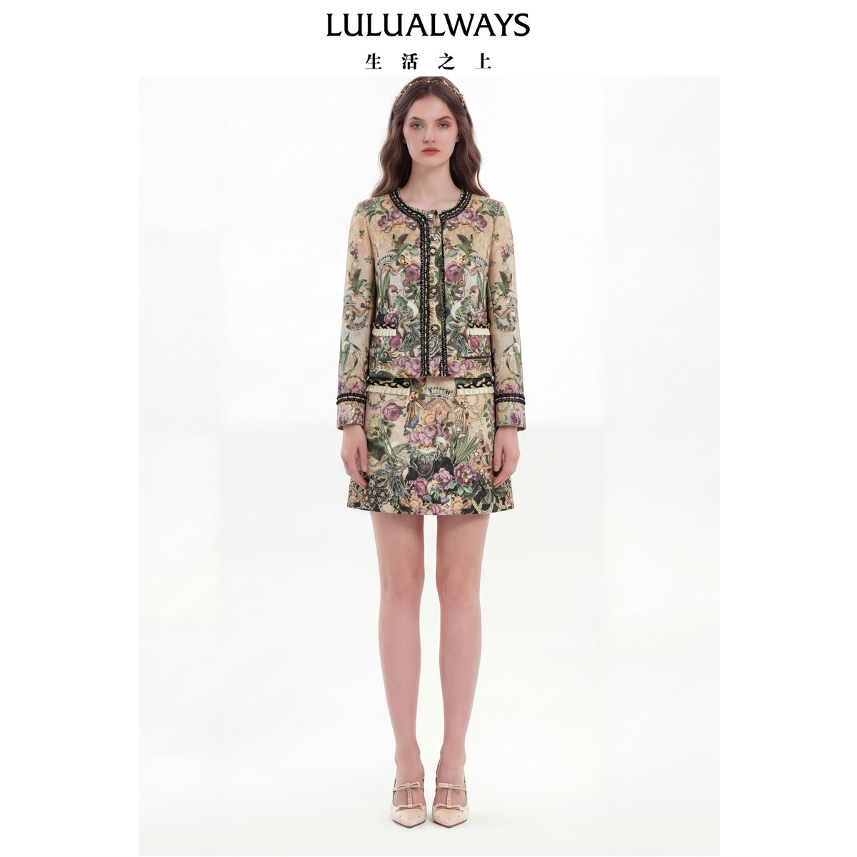 LULUALWAYS【商场同款】26春季新款复古奢华风纽扣花卉圆领外套