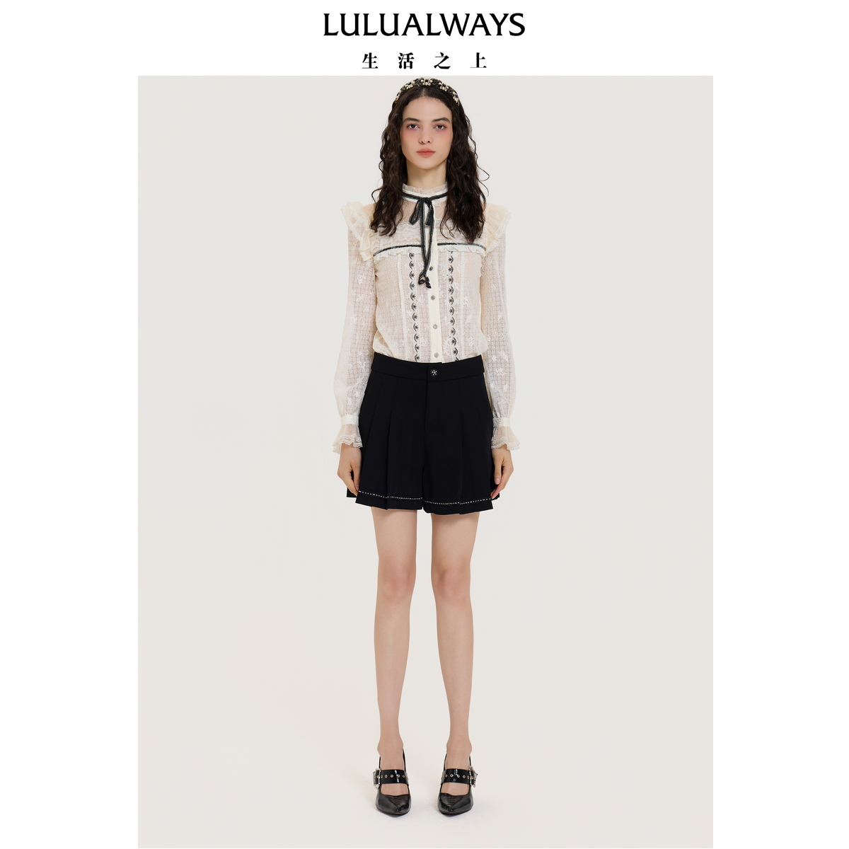 LULUALWAYS【商场同款】25秋季新款复古甜美淑女蝴蝶结女上衣衬衫