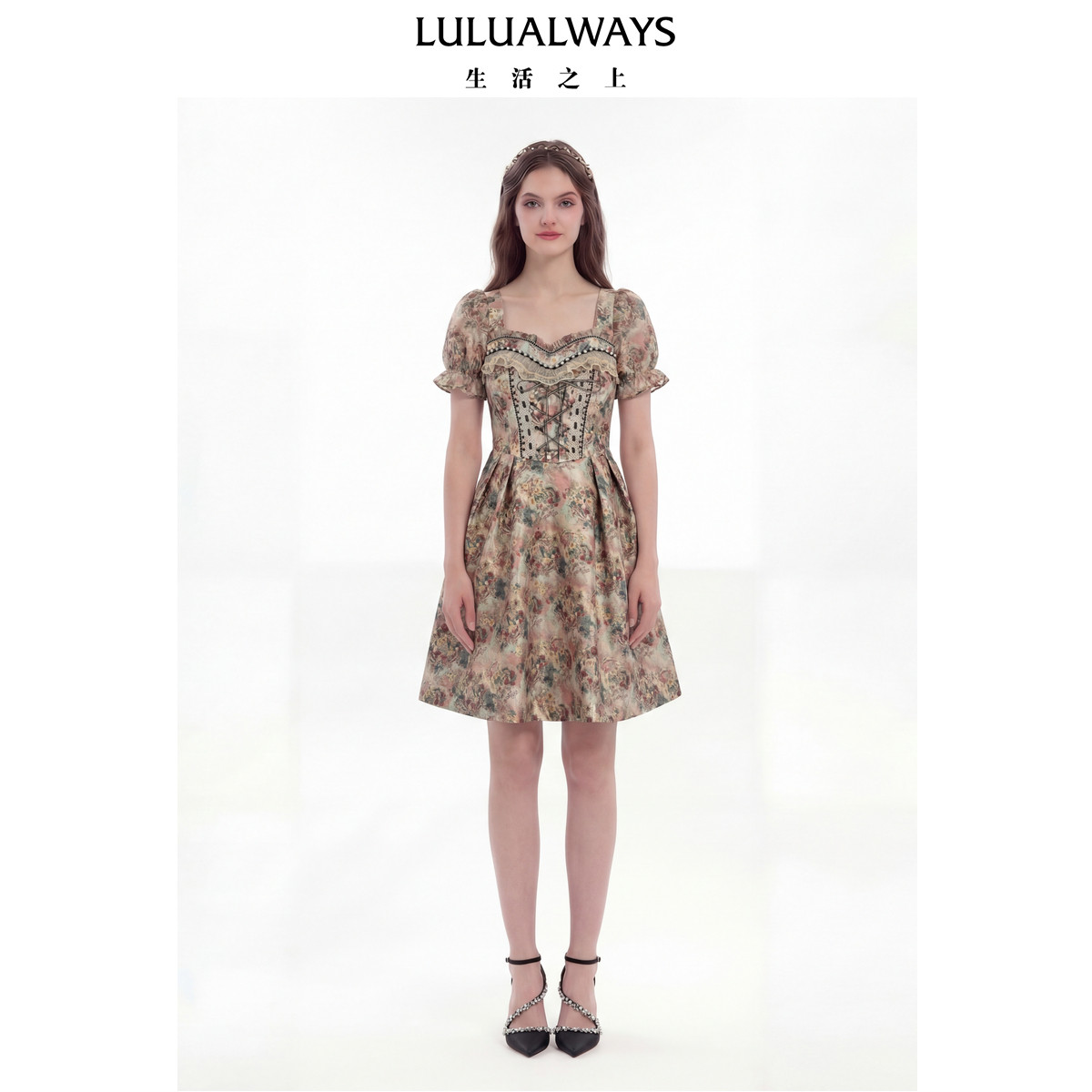 LULUALWAYS【商场同款】26夏季新款千金公主风泡泡提花短款连衣裙