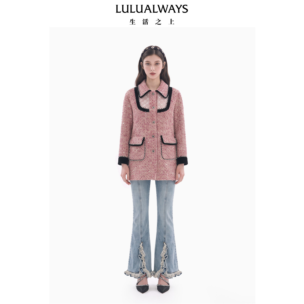 LULUALWAYS我爱露露26冬季新款复古少女拼接黑色木耳边小香风大衣
