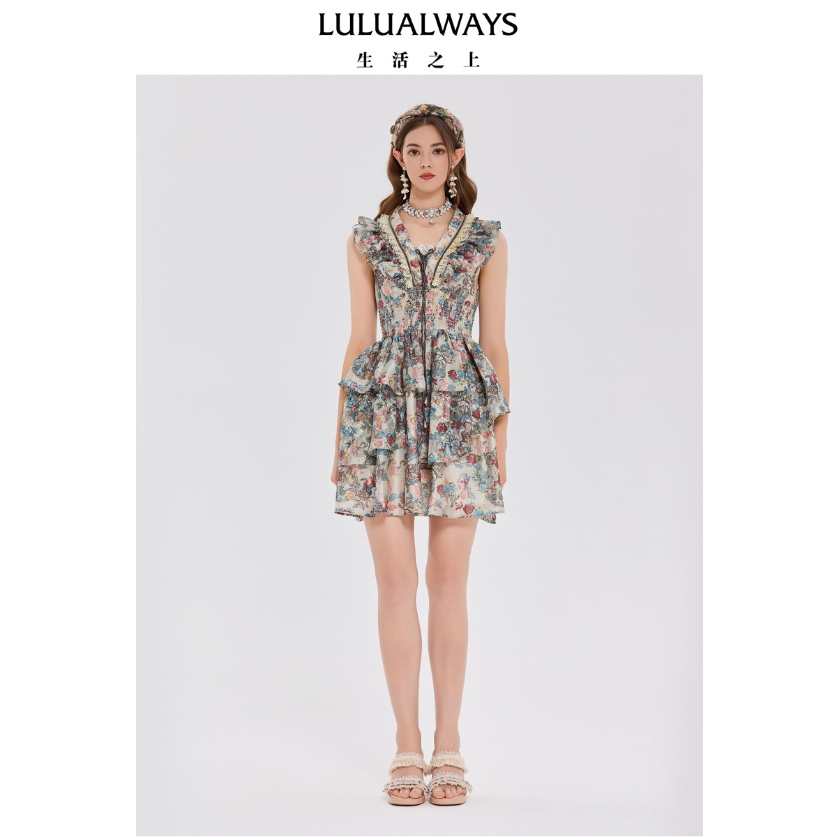 LULUALWAYS【商场同款】甜美浪漫复古风荷叶边短连衣裙