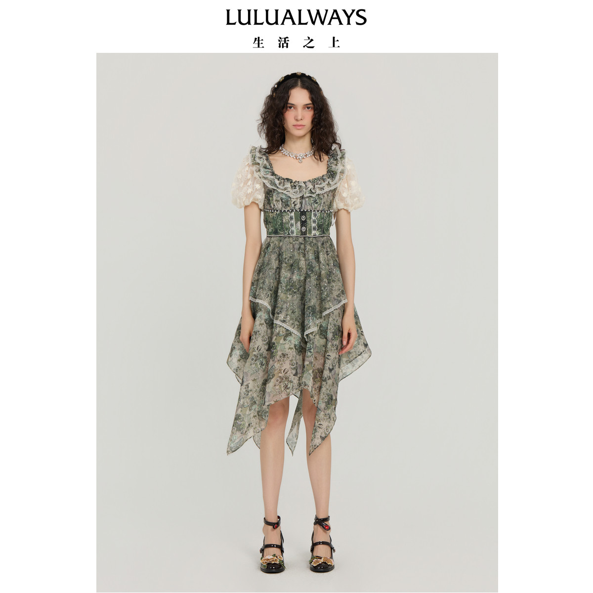 LULUALWAYS【商场同款】秋季新款【森系花笺】方领不规则连衣裙