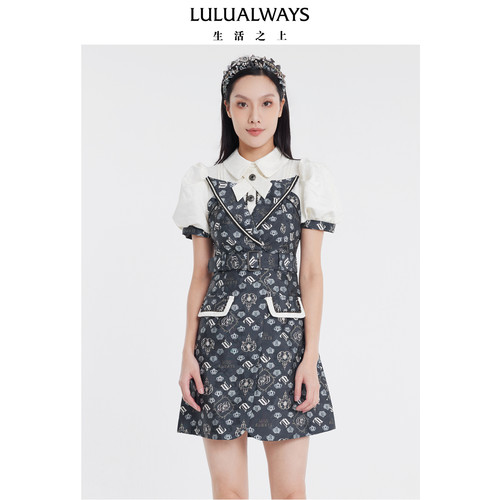 LULUALWAYS我爱露露夏季新款复古气质腰带泡泡提花连衣裙