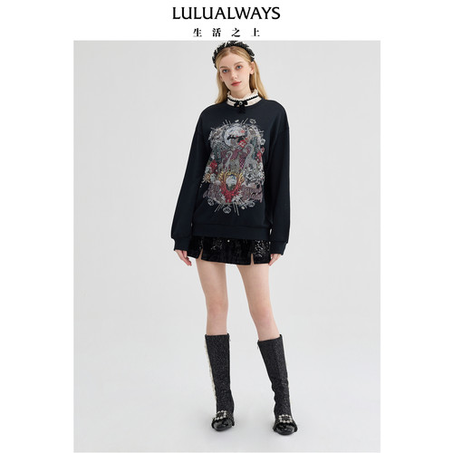 LULUALWAYS【商场同款】冬季百搭休闲长袖黑色直筒棉卫衣女