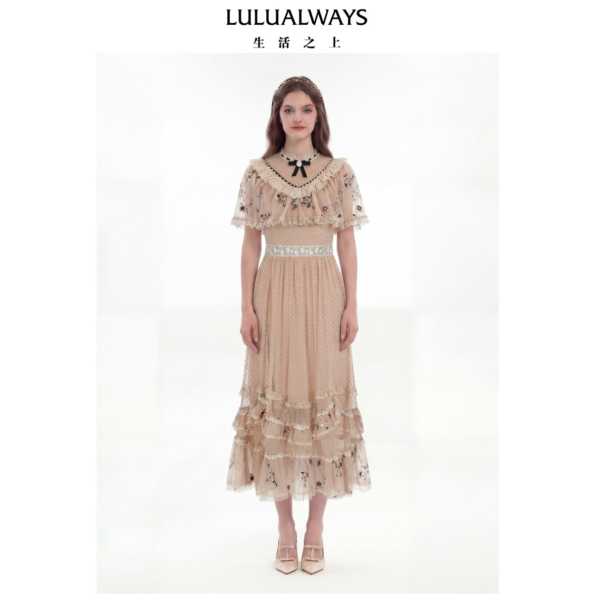 LULUALWAYS【商场同款】26夏季新款甜美浪漫风绣花波点网纱连衣裙