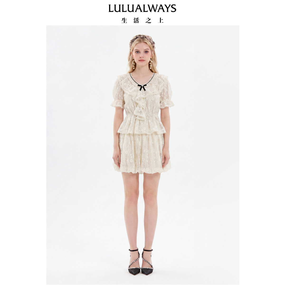 LULUALWAYS我爱露露26夏季新款甜美温柔风米白色蕾丝泡泡袖上衣女图片