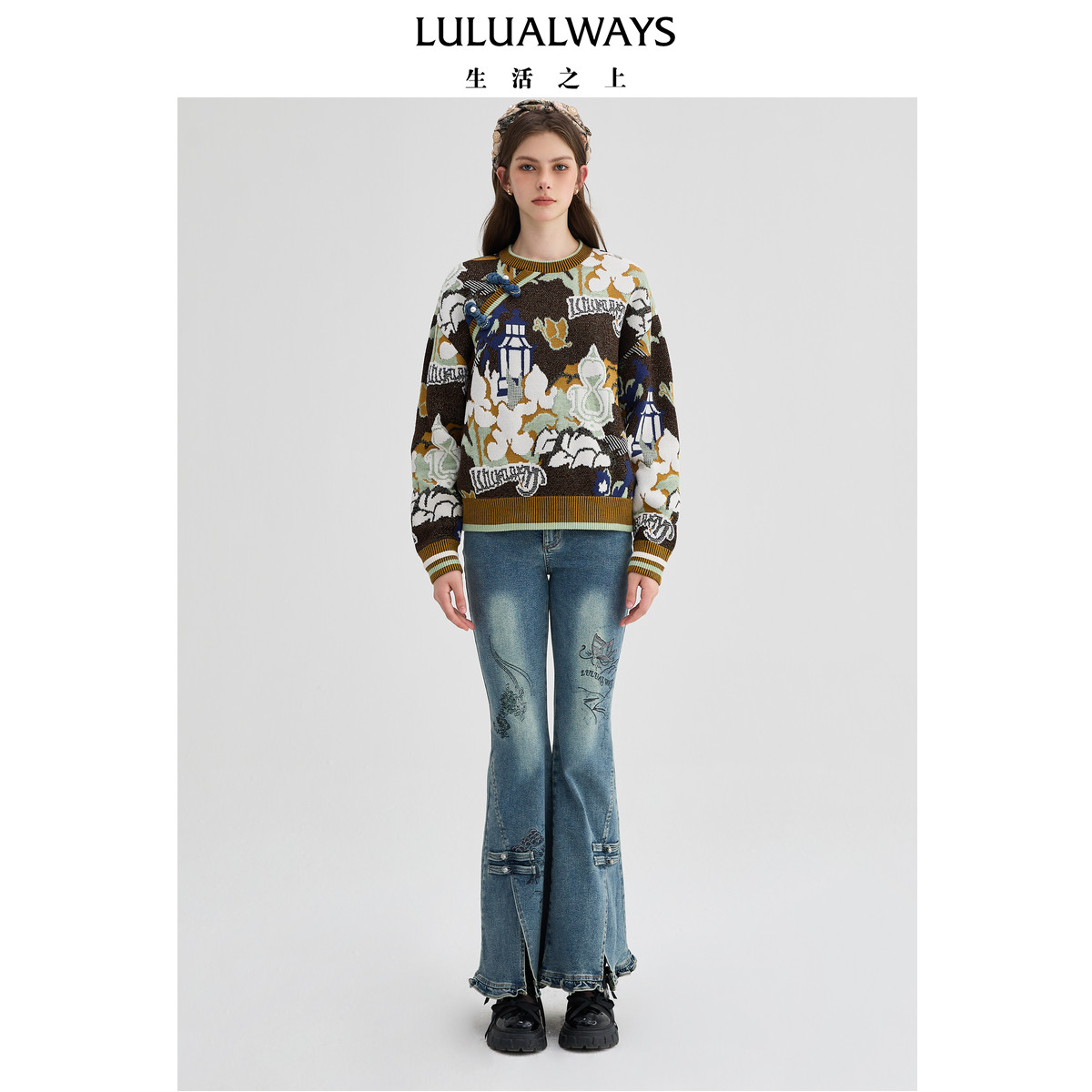 LULUALWAYS【商场同款】冬季新款时尚新中式盘扣套头短款针织衫