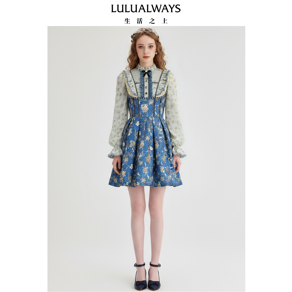 LULUALWAYS我爱露露25春季新款法式甜美娃娃领提花荷叶边短连衣裙