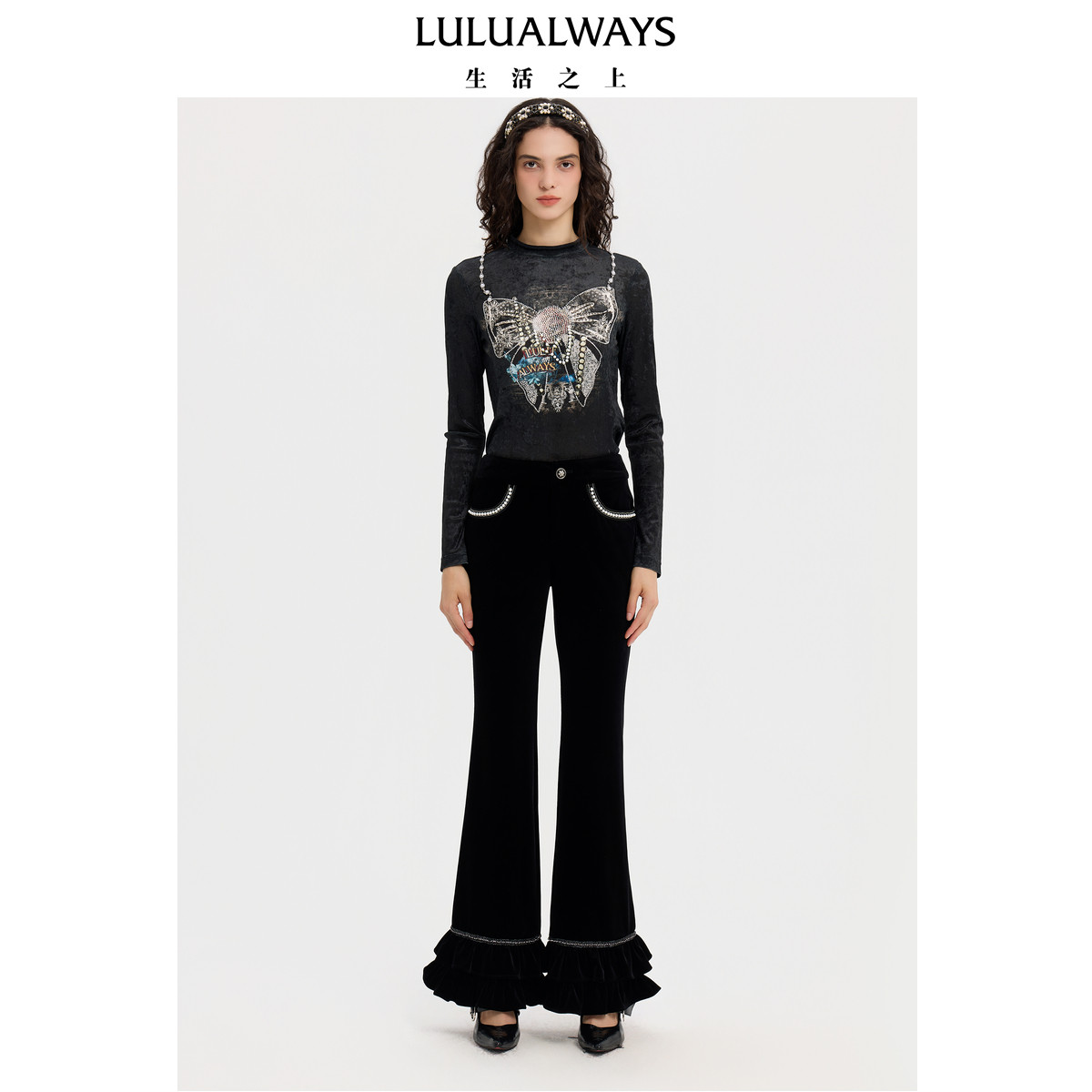 LULUALWAYS【商场同款】25冬季复古华丽蝴蝶结黑色打底衫上衣图片