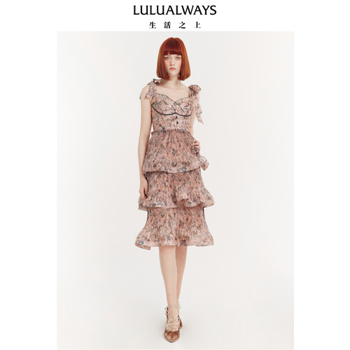 LULUALWAYS夏季【窈窕淑女】新款蝴蝶结长款吊带蛋糕连衣裙