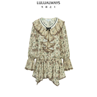 LULUALWAYS我爱露露26春季新款浪漫田园风荷叶边宽松雪纺长袖上衣