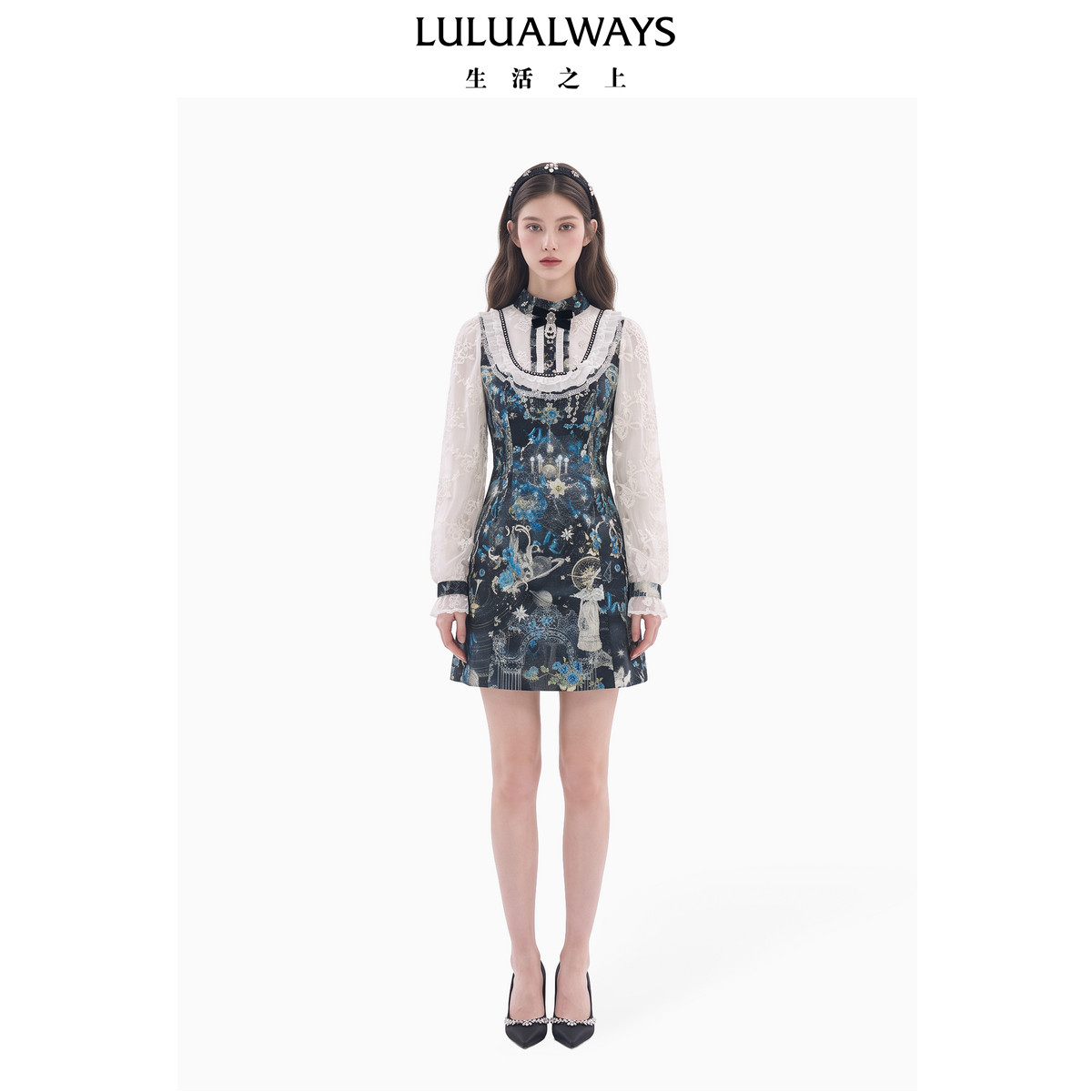 LULUALWAYS【商场同款】26冬季新款复古宫廷蕾丝提花收腰连衣裙