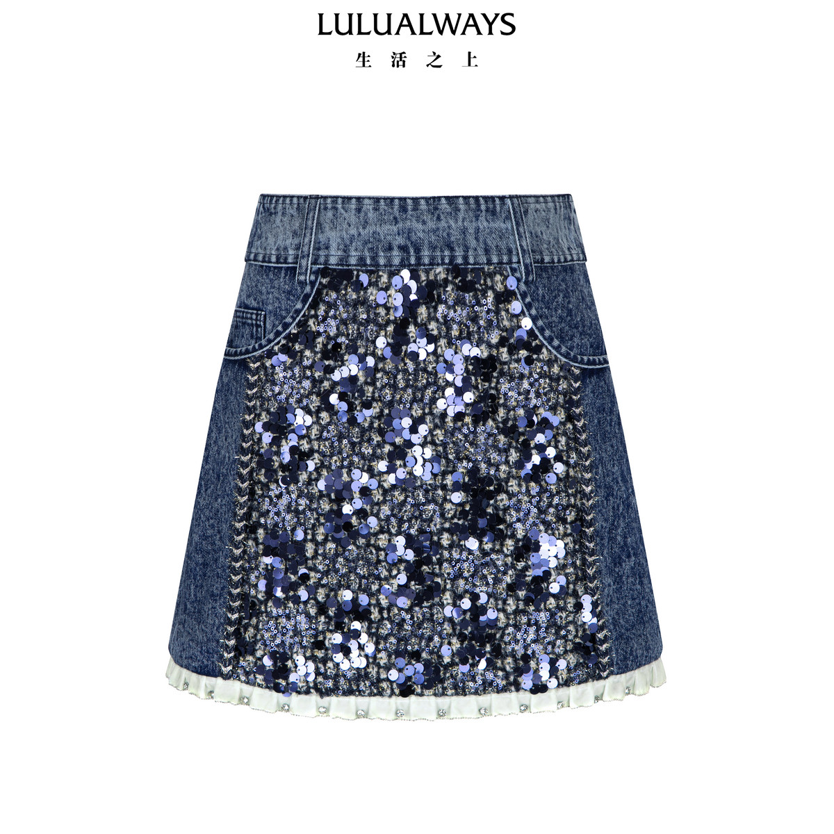 LULUALWAYS【商场同款】25冬季新款复古潮流风牛仔花边短款半身裙,女装/女士精品,半身裙,淘宝优惠券,粉丝福利购,淘宝优惠卷