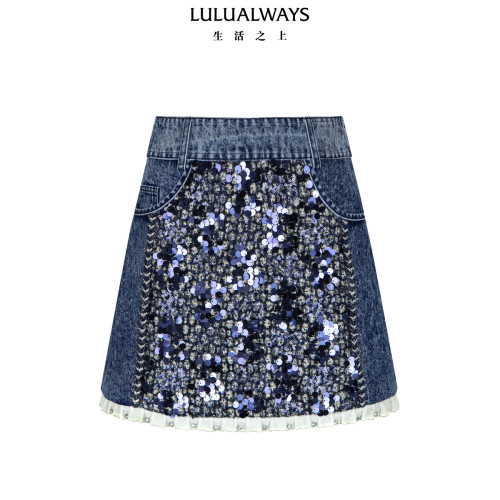 LULUALWAYS【商场同款】冬季复古潮流风牛仔花边短款半身裙